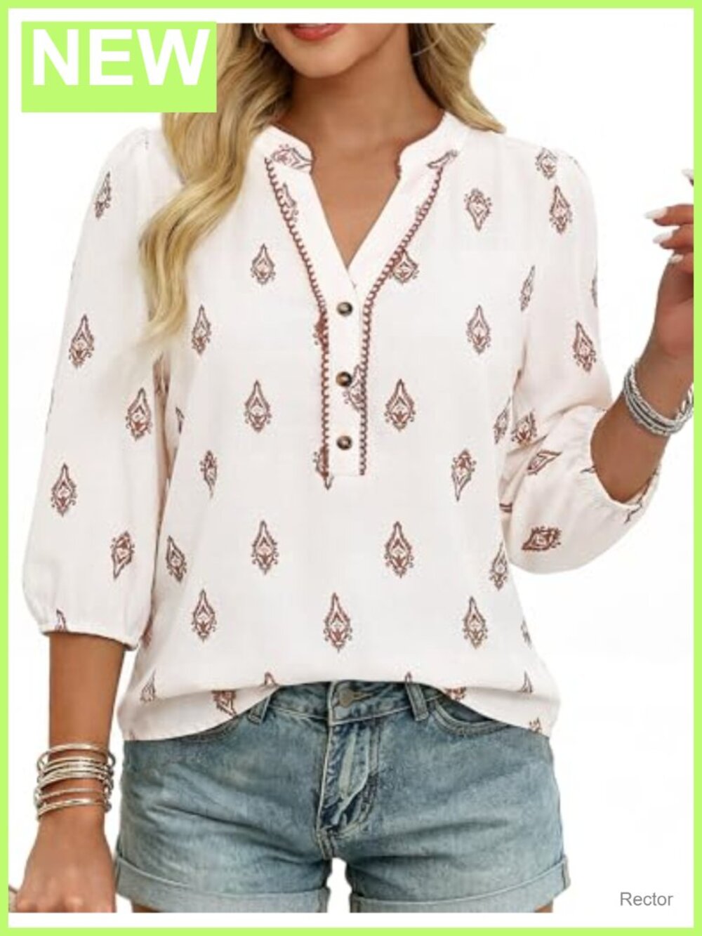 Boho Floral V Neck 3/4 Sleeve Peasant Top Tunics for Women
